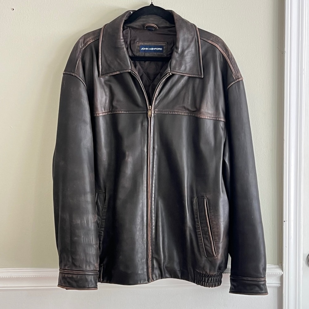 Johnβ Ashford Leather Bomber Jacket Mens L Brown Quilted Down Lined Vintage